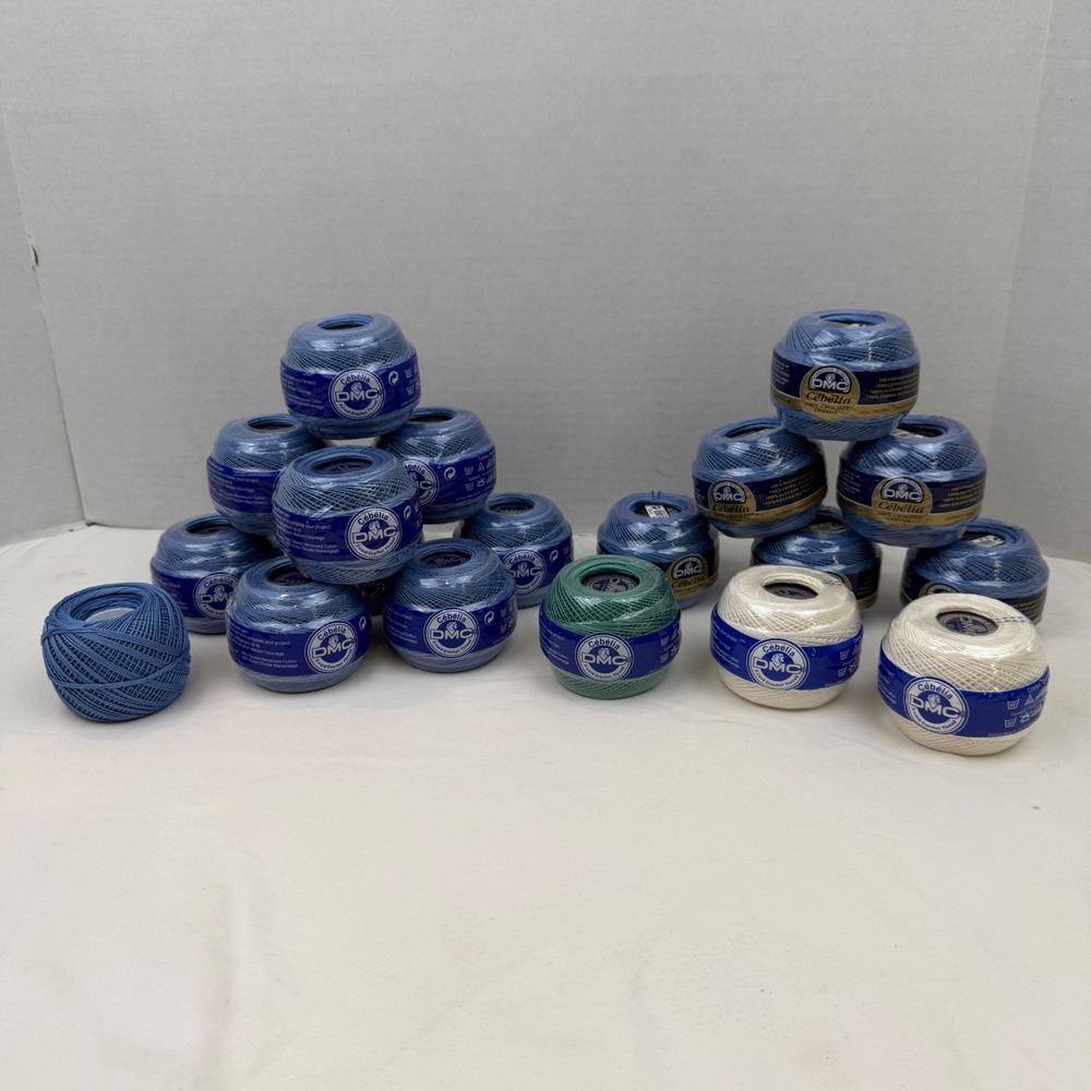 DMC Cebelia Crochet Thread Size 10 Lot 21 Balls Blue White Green 100% Cotton
